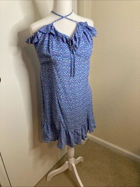 Blue Floral Halter Tie Ruffle Mini Dress